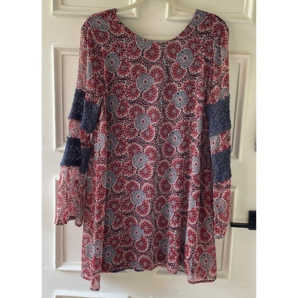 Volcom Red Navy Boho Dress True To This Tunic Cut Out Lace Inset Sleeves Lined, - Picture 3 of 15